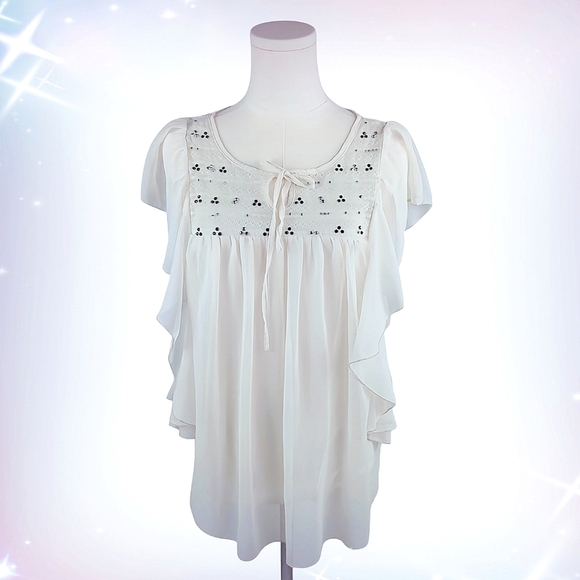Cream Ruffled Embellished Blouse S Boho Style Semi-Sheer Flutter Sleeves Tie - Picture 1 of 7